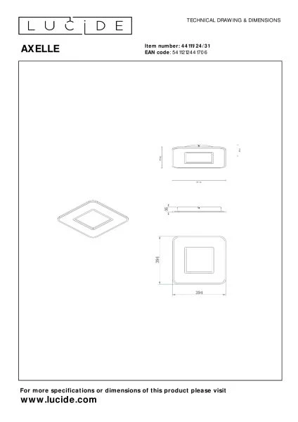 Lucide AXELLE - Plafonnier Intérieur/Extérieur - LED Dim. - 1x24W 2700K - 3 StepDim - Blanc - TECHNISCH